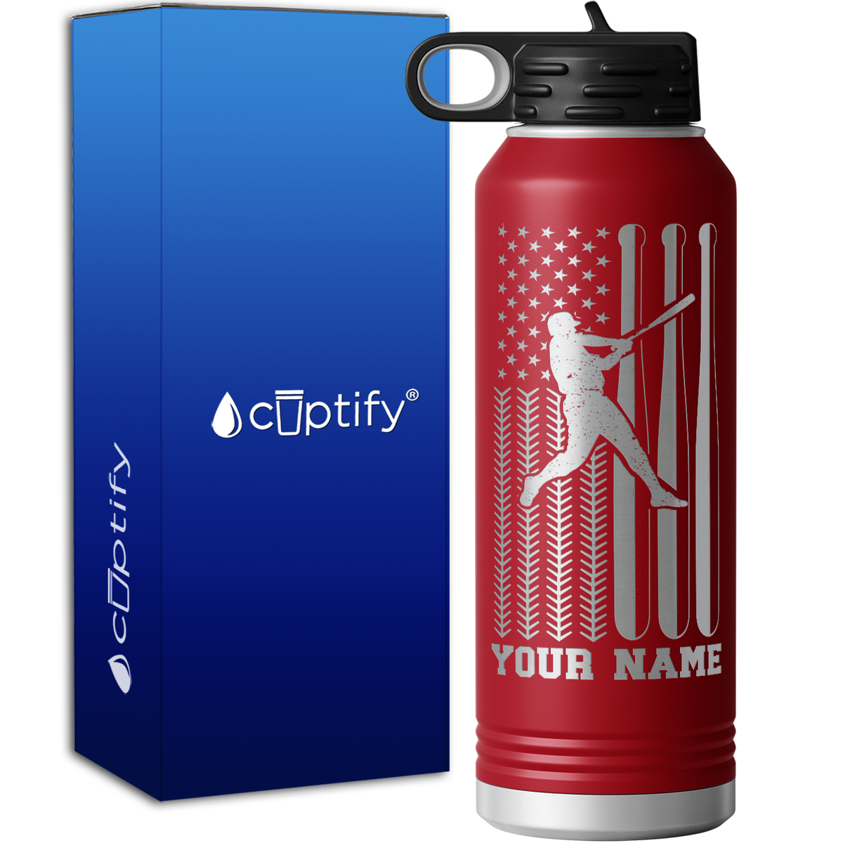 Baseball Player on America Baseball Flag 40oz Sport Water Bottle