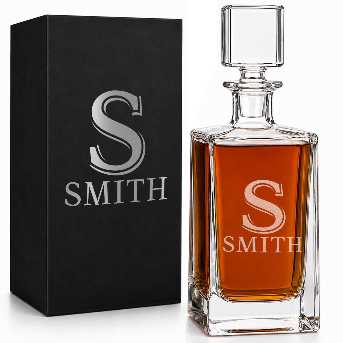 Personalized Classic Initial and Name 26oz Rectangle Glass Decanter