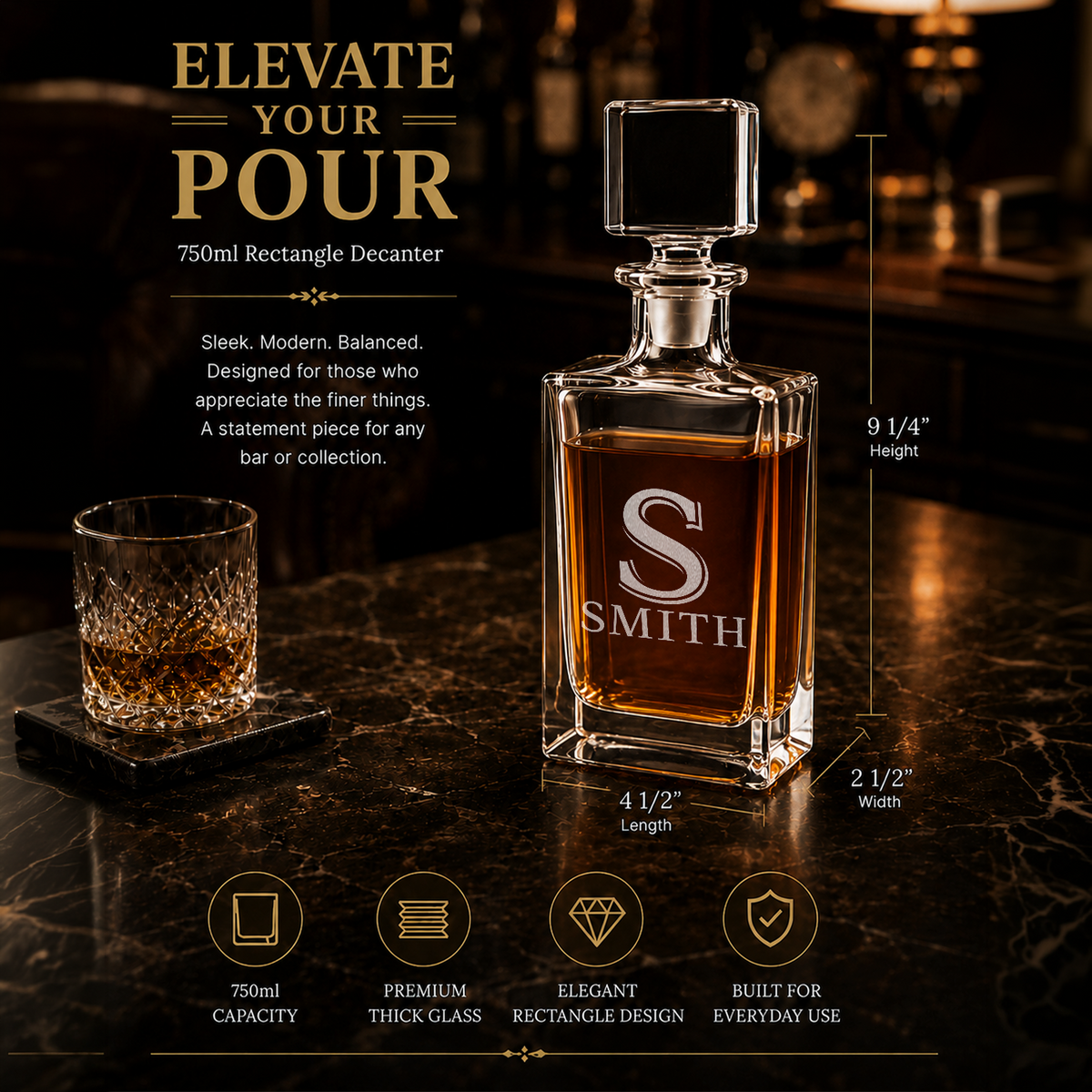 Personalized Classic Initial and Name 26oz Rectangle Glass Decanter