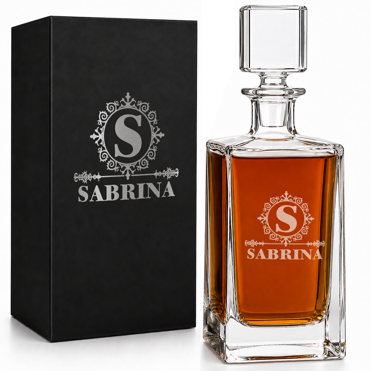 Personalized Ultramodern Initial and Name 26oz Rectangle Glass Decanter