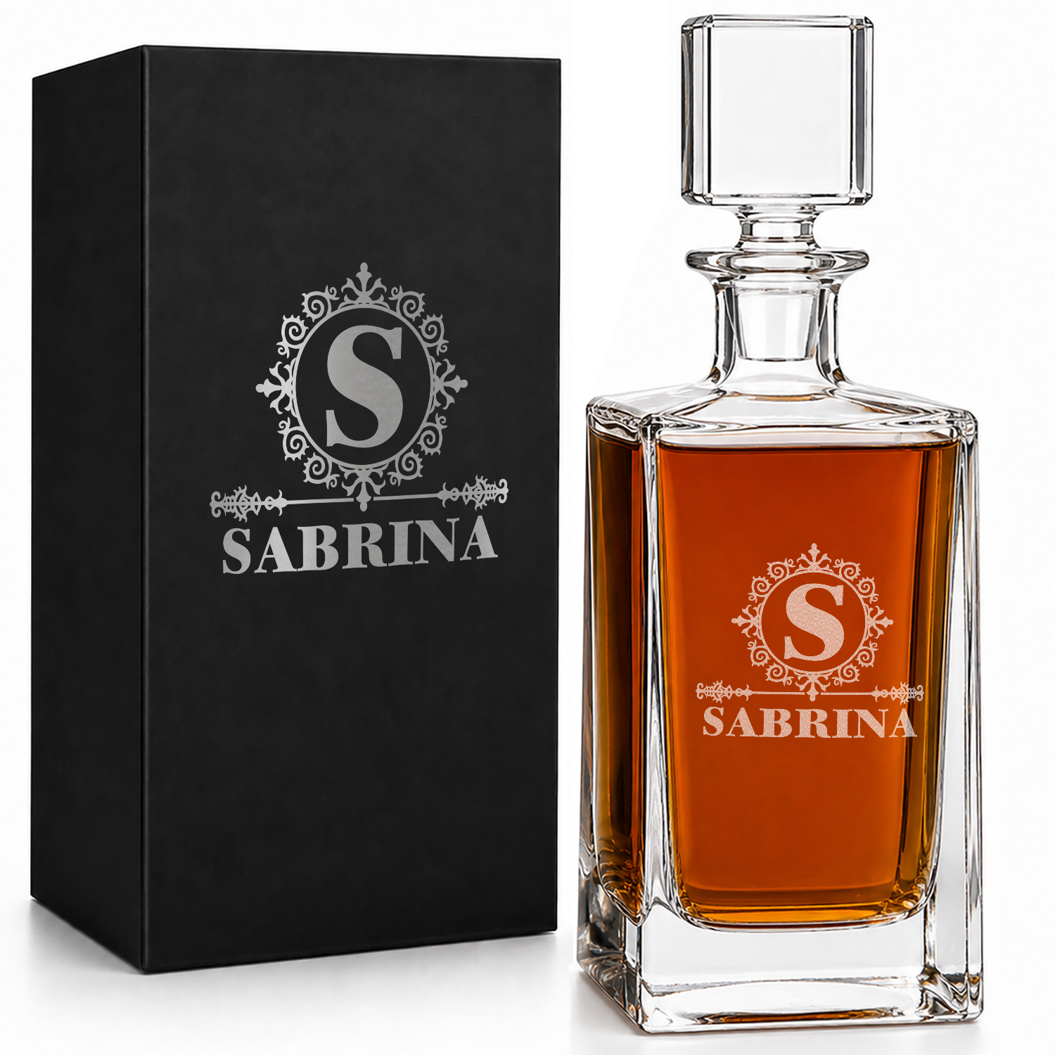 Personalized Ultramodern Initial and Name 26oz Rectangle Glass Decanter