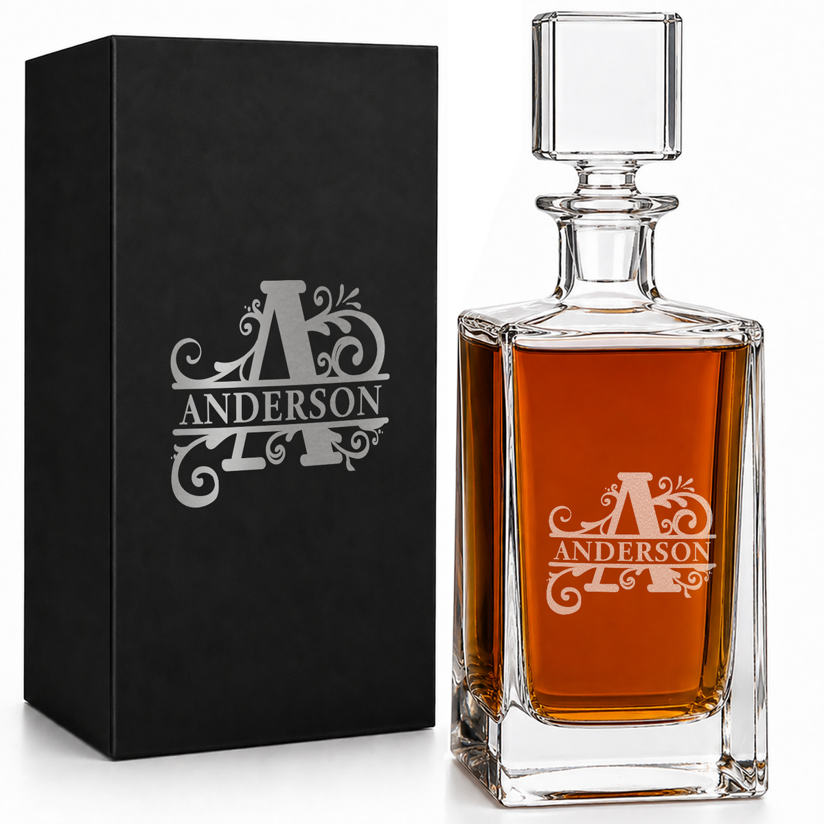 Flourished Split Monogram 26oz Rectangle Glass Decanter