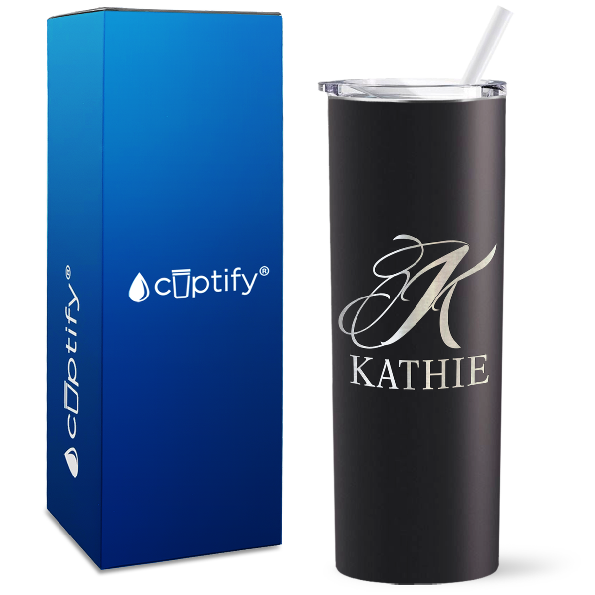 Personalized Script Initial and Name Engraved on 20oz Skinny Tumbler