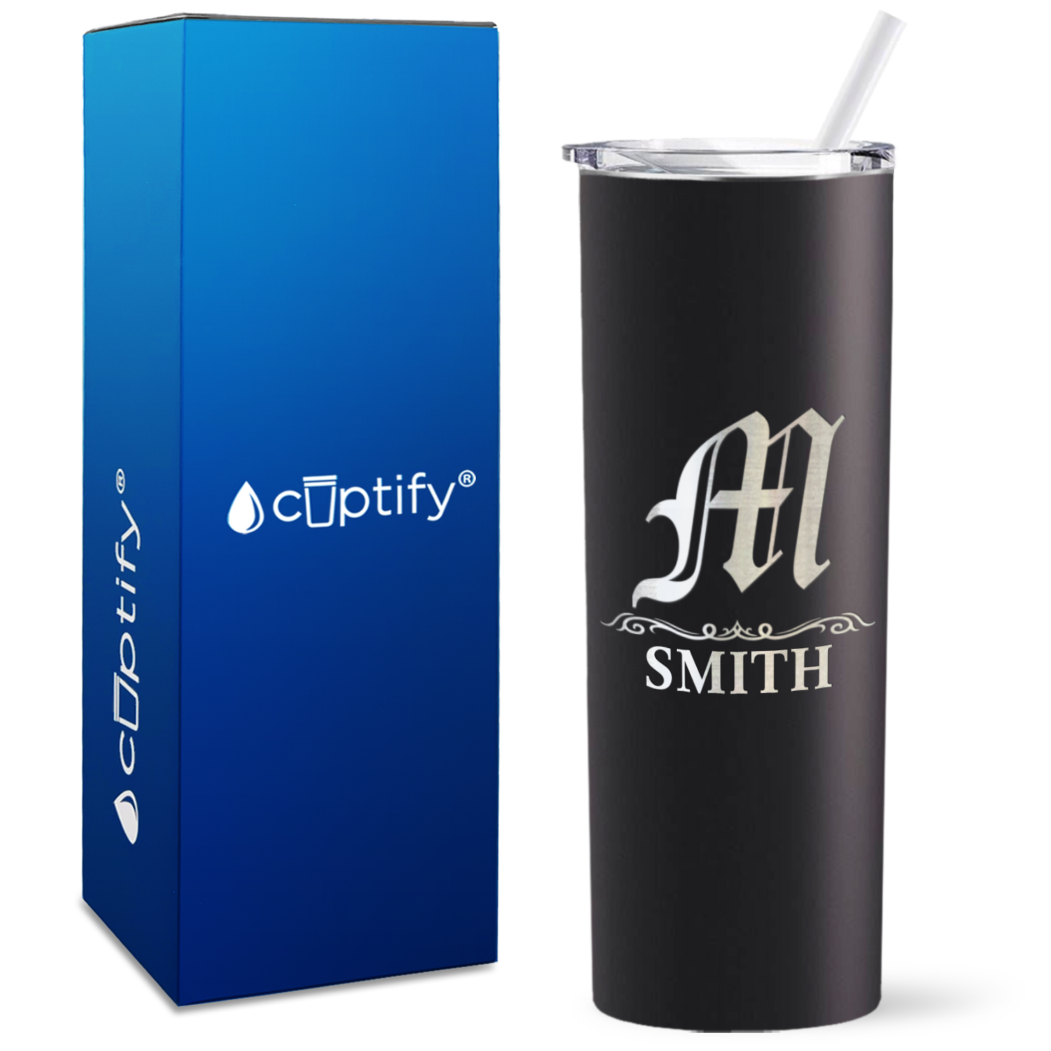 Personalized Gothic Initial Engraved on 20oz Skinny Tumbler - Cuptify