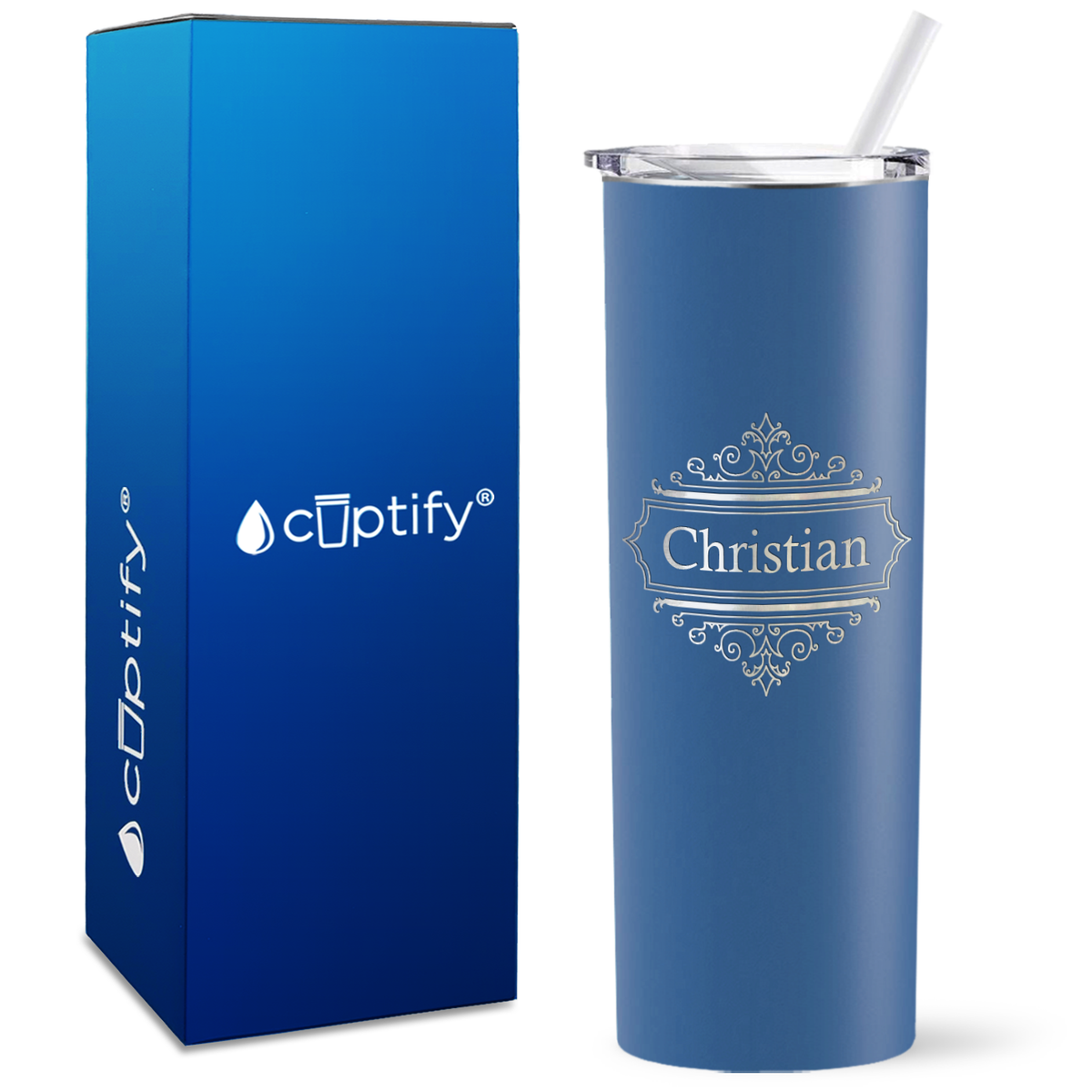 Personalized Crest Border Engraved on 20oz Skinny Tumbler