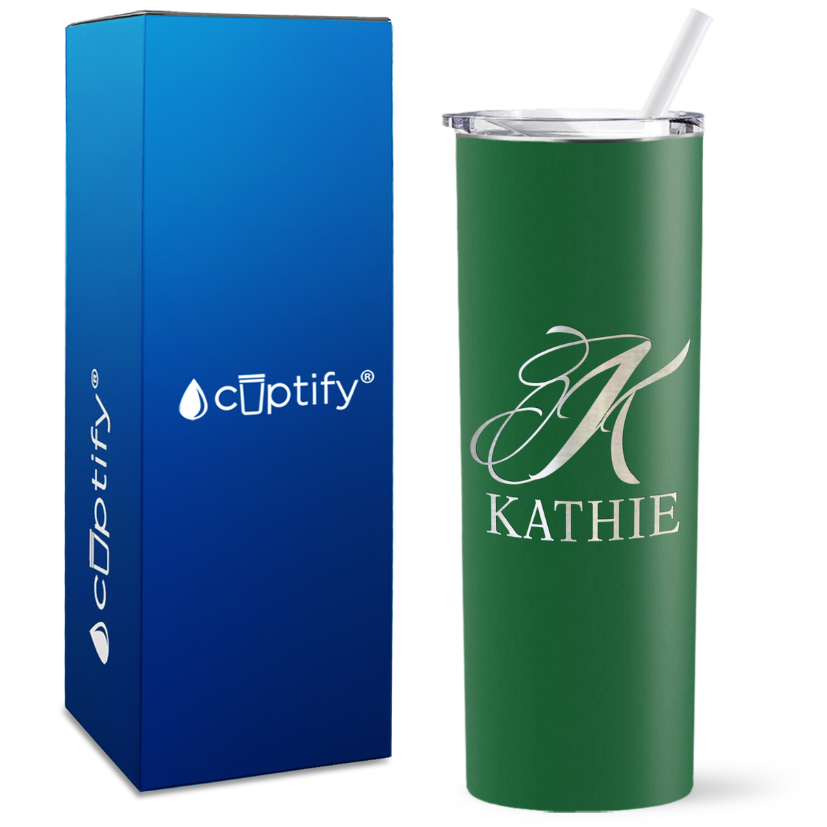 Personalized Script Initial and Name Engraved on 20oz Skinny Tumbler