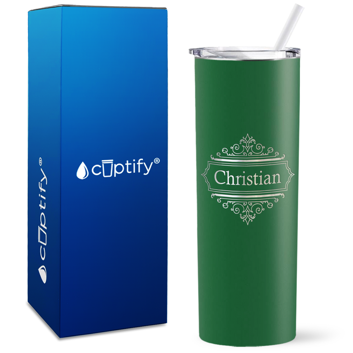 Personalized Crest Border Engraved on 20oz Skinny Tumbler