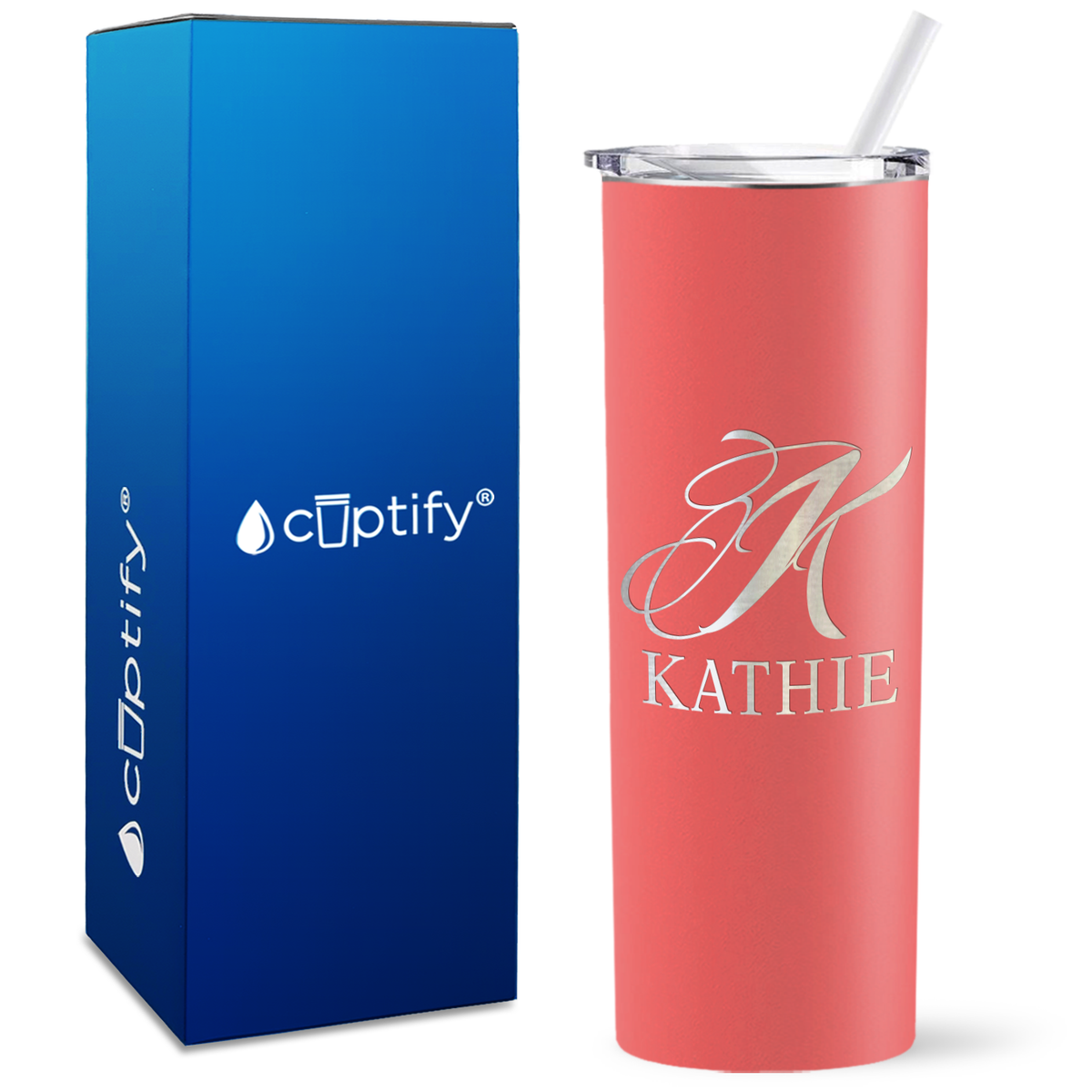 Personalized Script Initial and Name Engraved on 20oz Skinny Tumbler