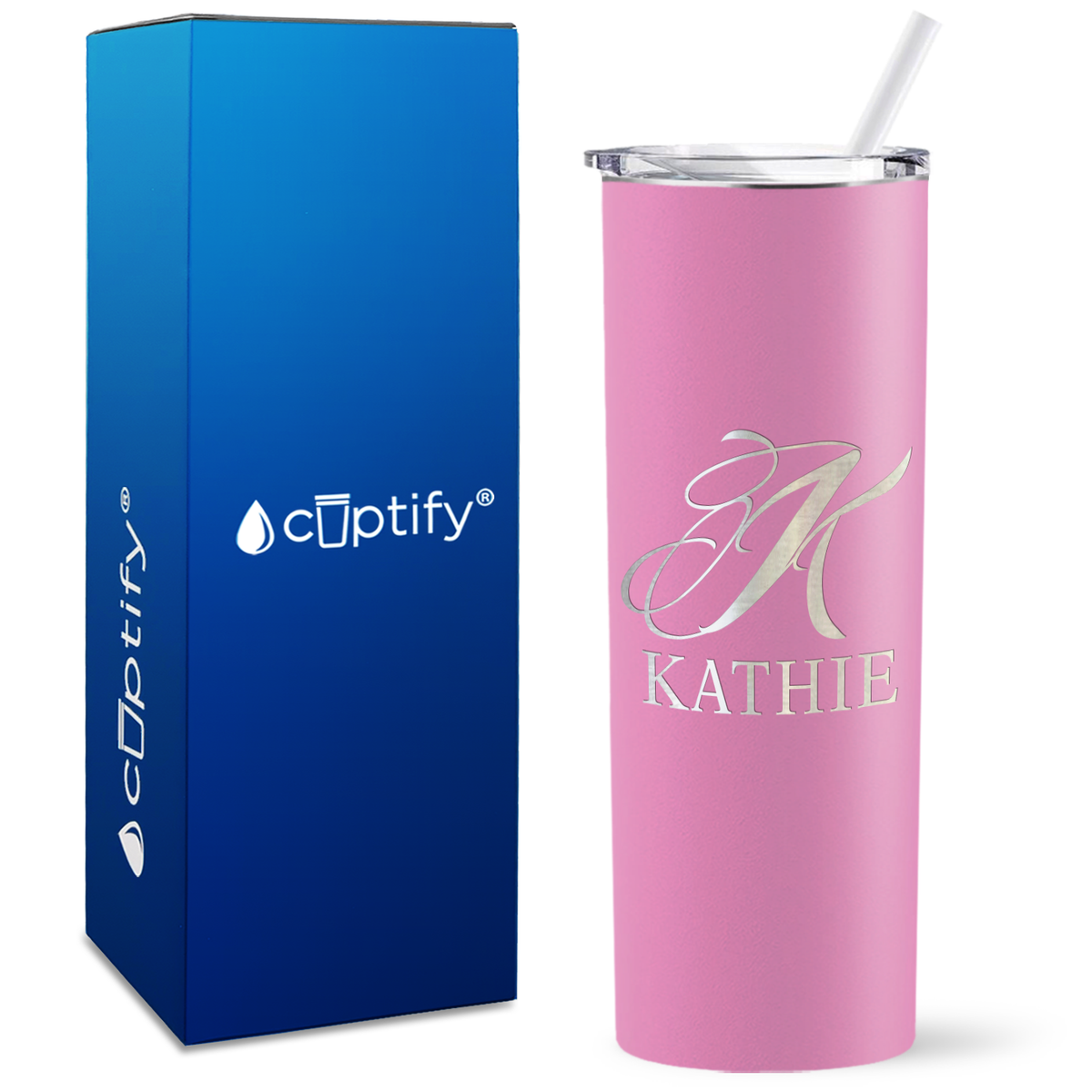 Personalized Script Initial and Name Engraved on 20oz Skinny Tumbler