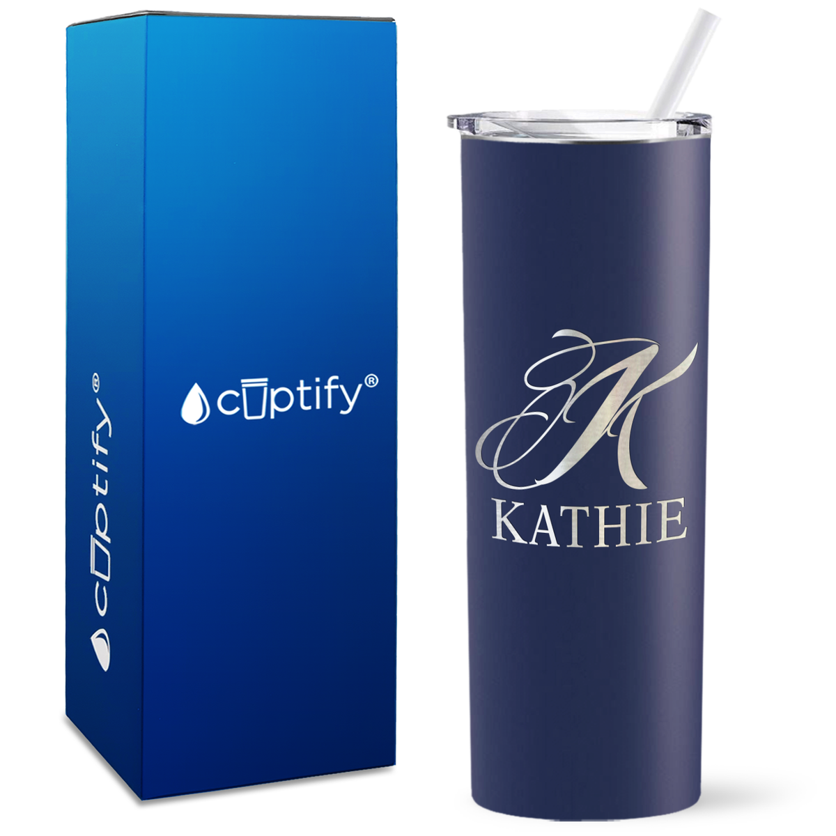 Personalized Script Initial and Name Engraved on 20oz Skinny Tumbler