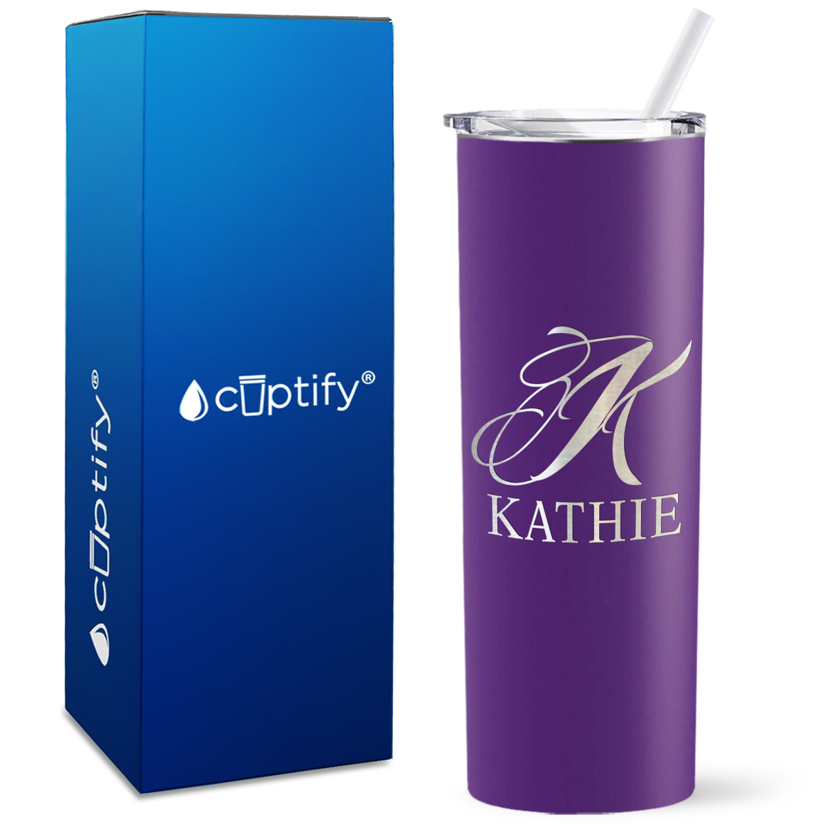 Personalized Script Initial and Name Engraved on 20oz Skinny Tumbler