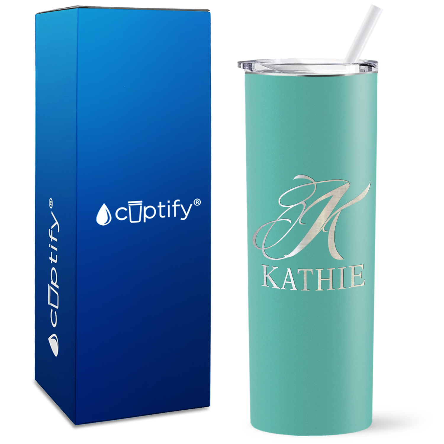 Personalized Script Initial and Name Engraved on 20oz Skinny Tumbler