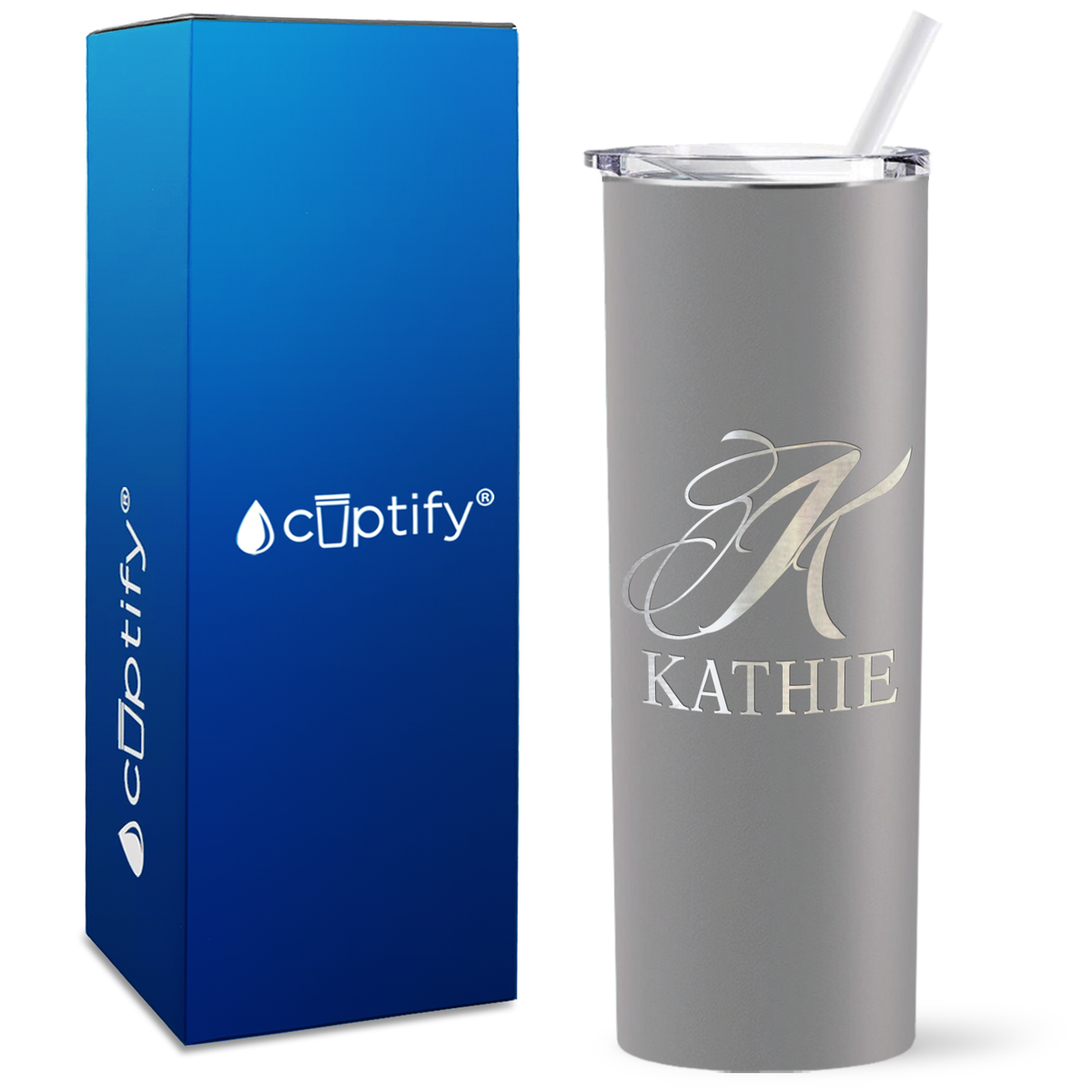 Personalized Script Initial and Name Engraved on 20oz Skinny Tumbler