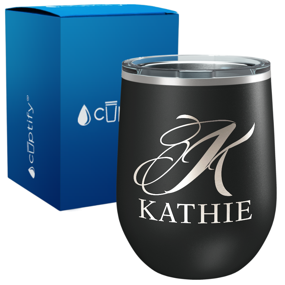Personalized Script Monogram Initial and Name Engraved on 12oz Wine Tumbler