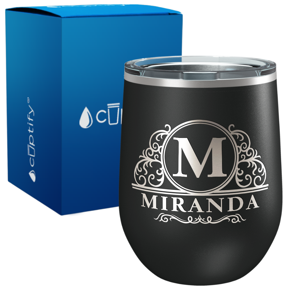 Personalized Elaborate Circle Monogram Engraved on 12oz Wine Tumbler