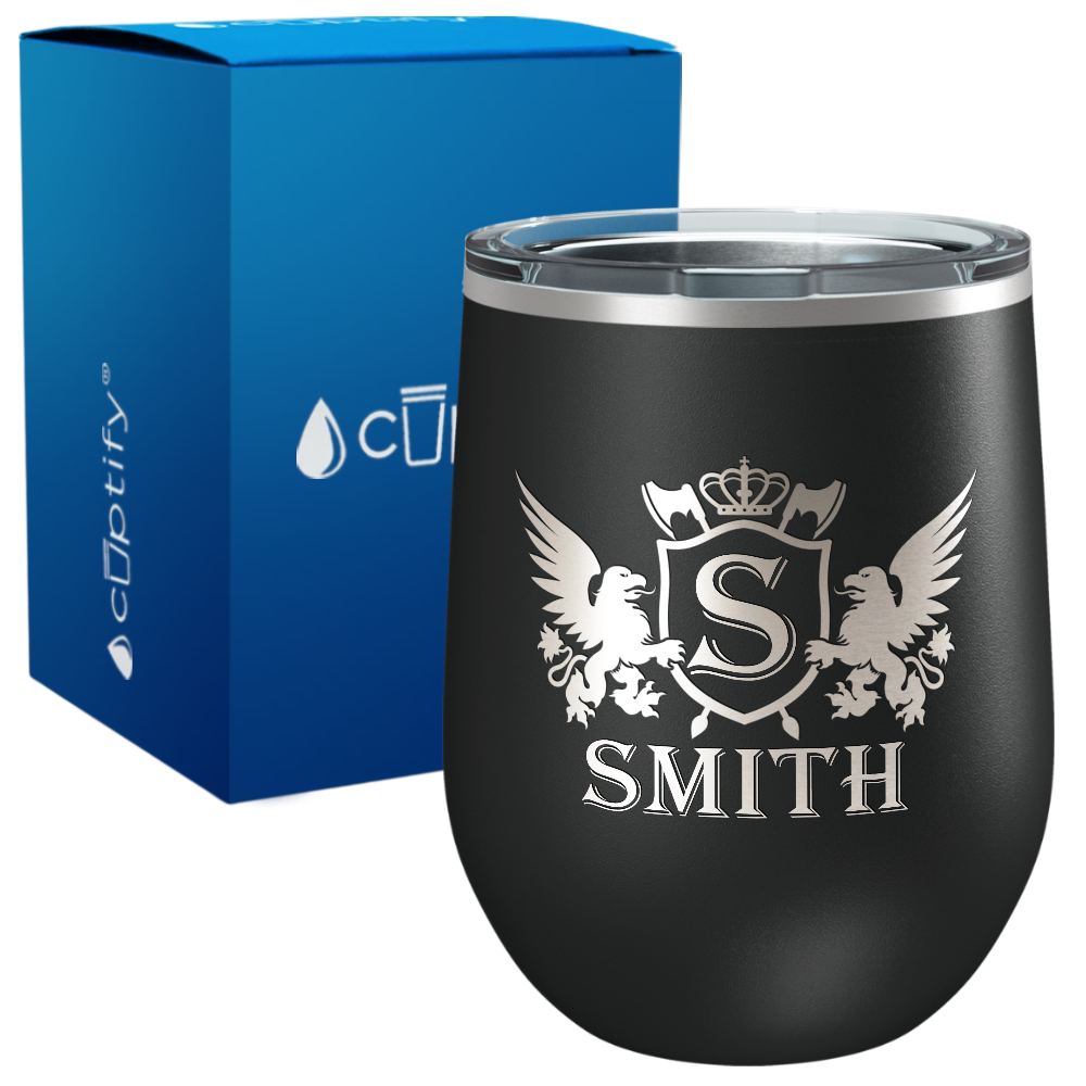 Personalized Monogram Initial Badge Crown Engraved on 12oz Wine Tumbler