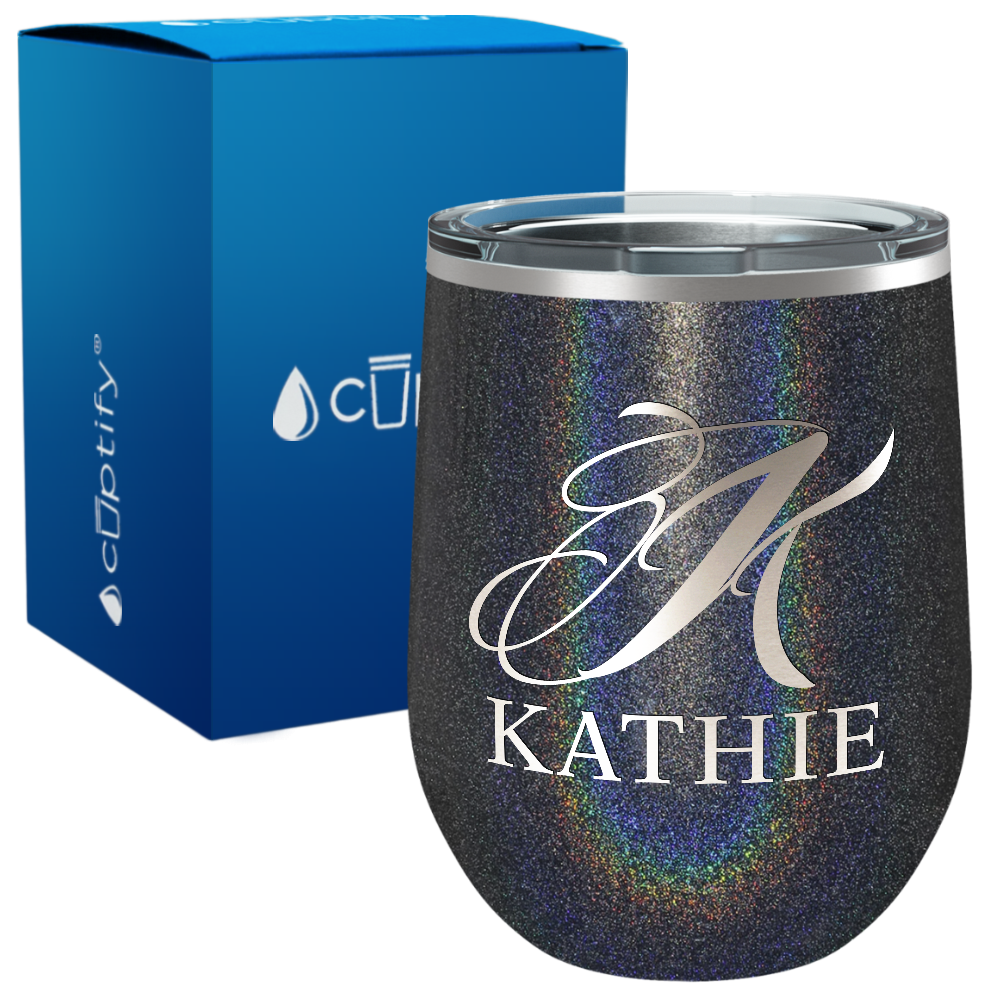 Personalized Script Monogram Initial and Name Engraved on 12oz Wine Tumbler