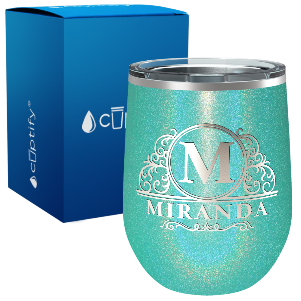 Personalized Elaborate Circle Monogram Engraved on 12oz Wine Tumbler