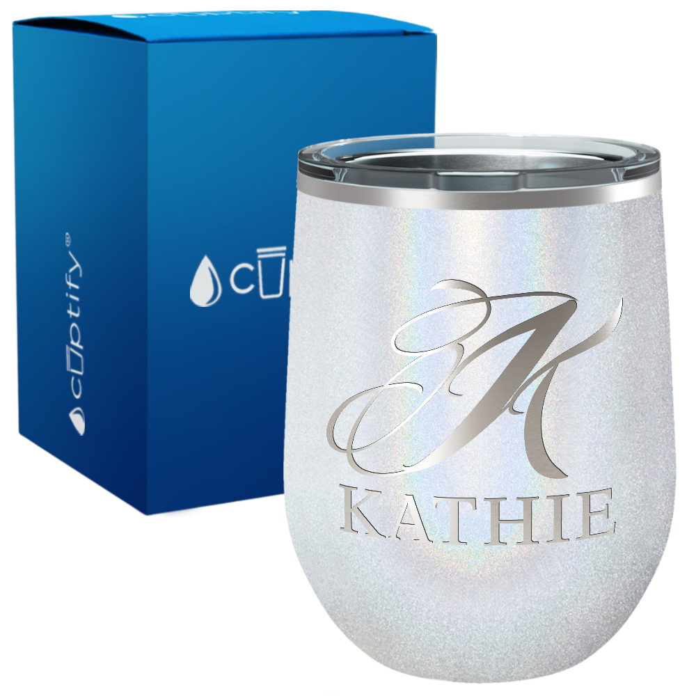 Personalized Script Monogram Initial and Name Engraved on 12oz Wine Tumbler