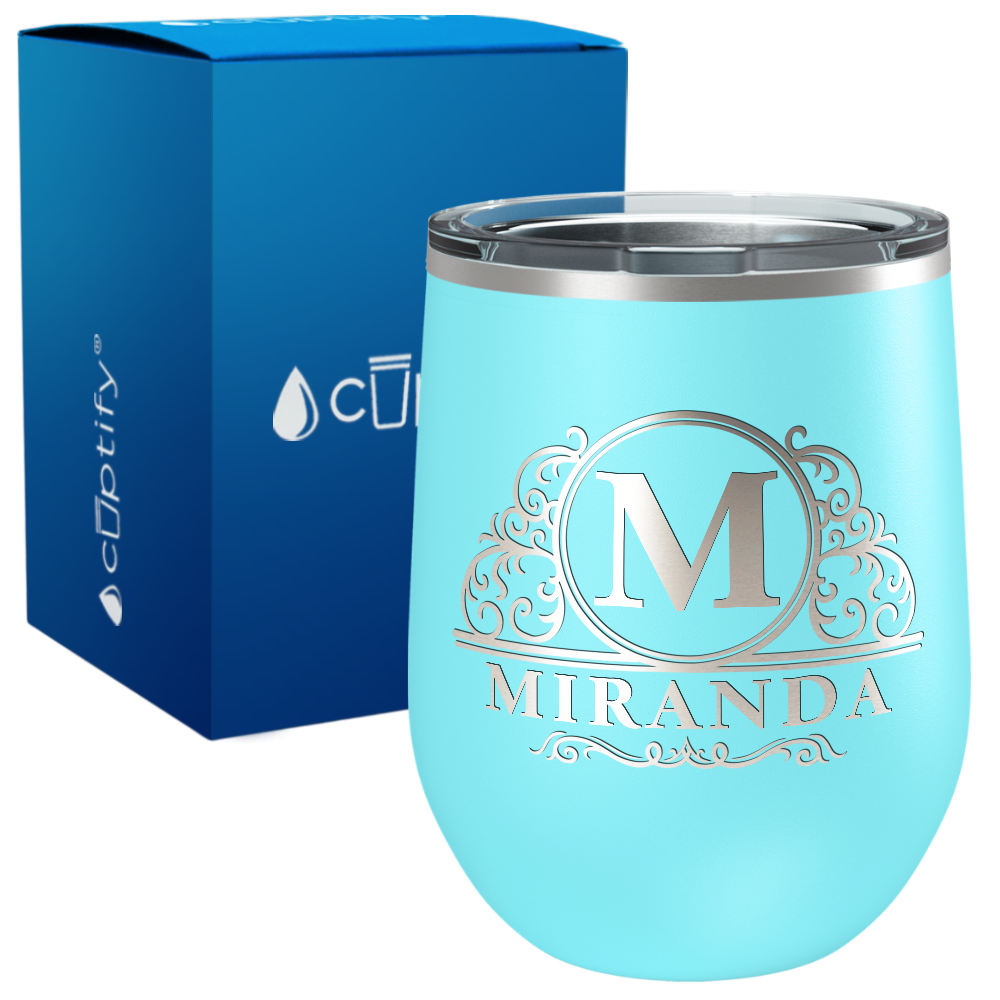 Personalized Elaborate Circle Monogram Engraved on 12oz Wine Tumbler
