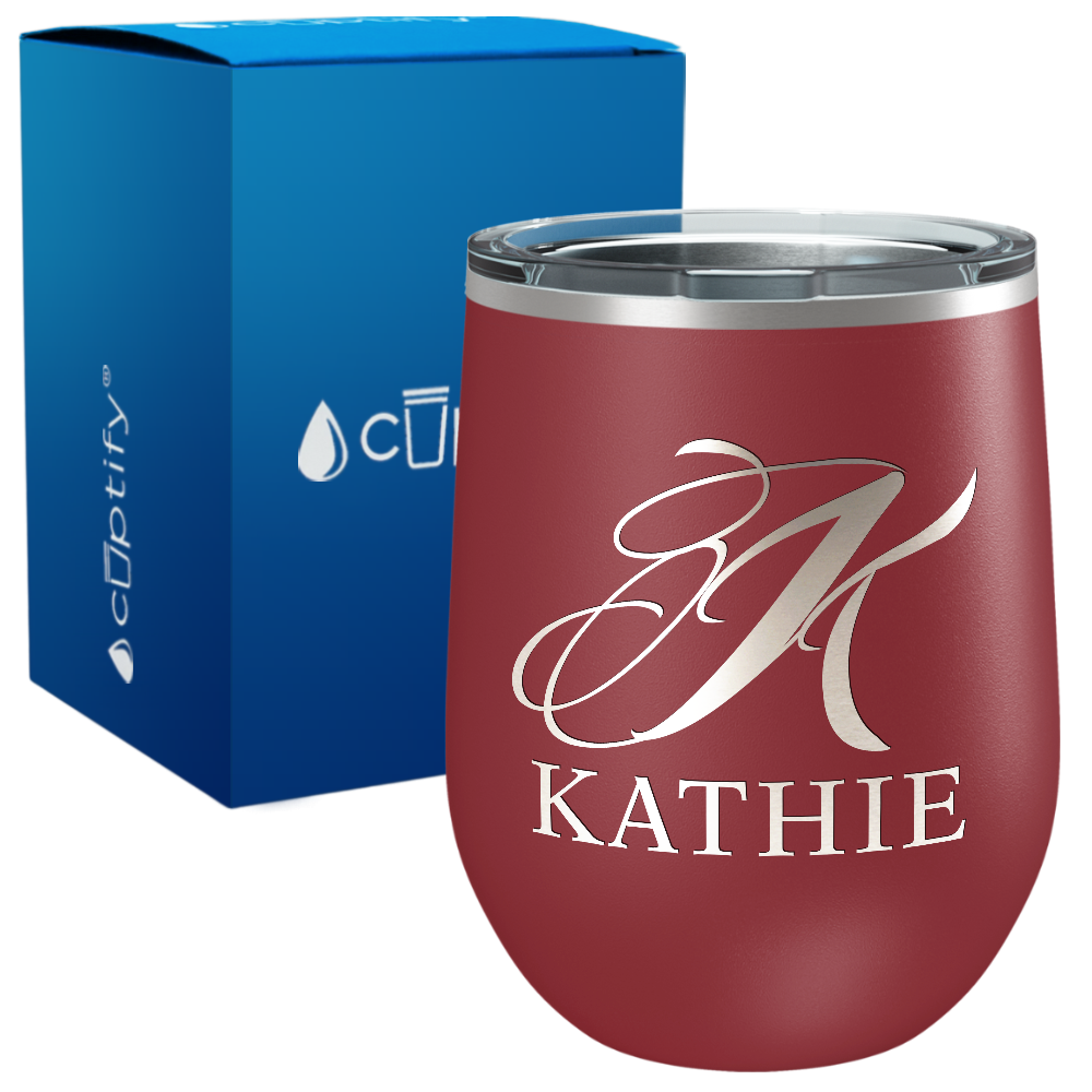 Personalized Script Monogram Initial and Name Engraved on 12oz Wine Tumbler