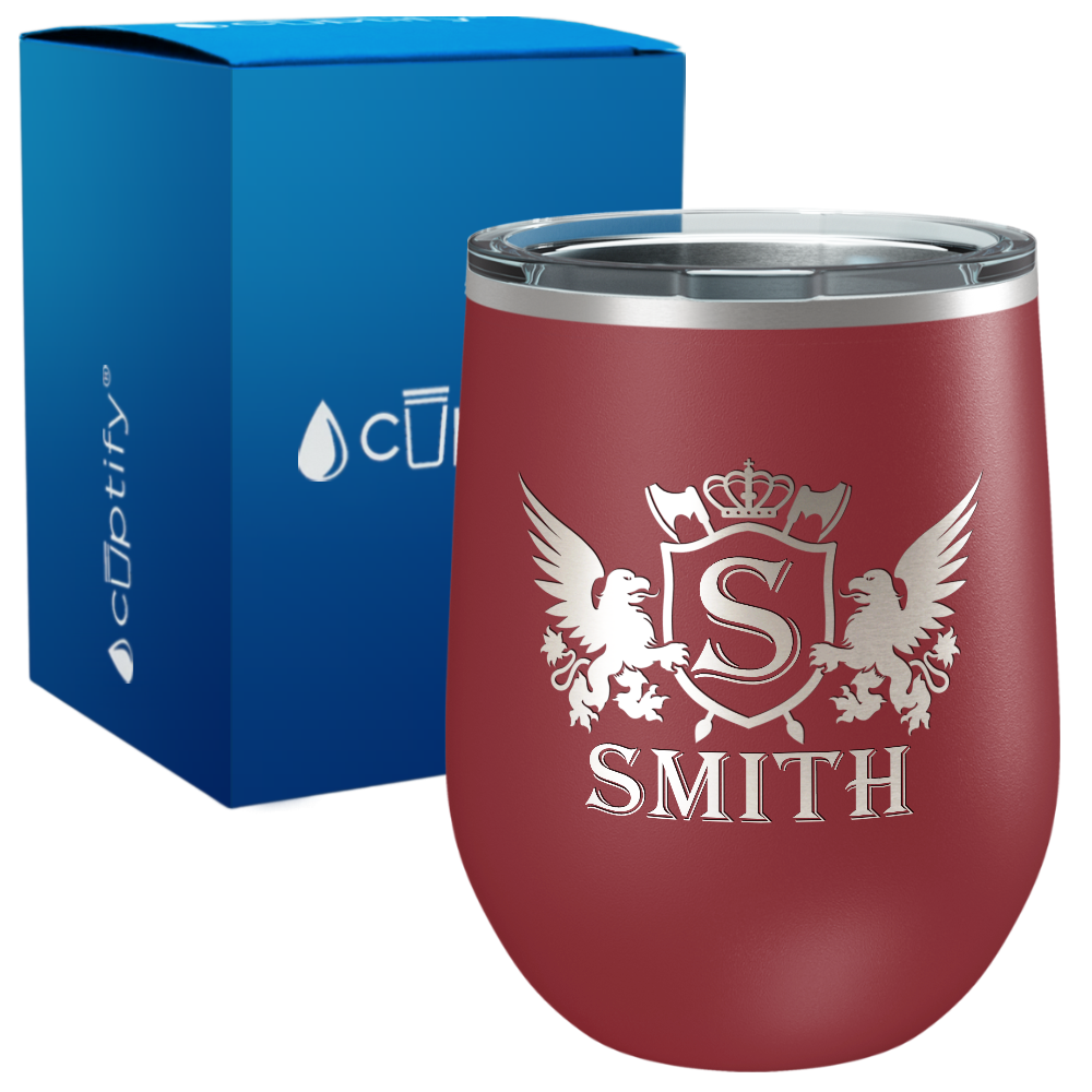 Personalized Monogram Initial Badge Crown Engraved on 12oz Wine Tumbler