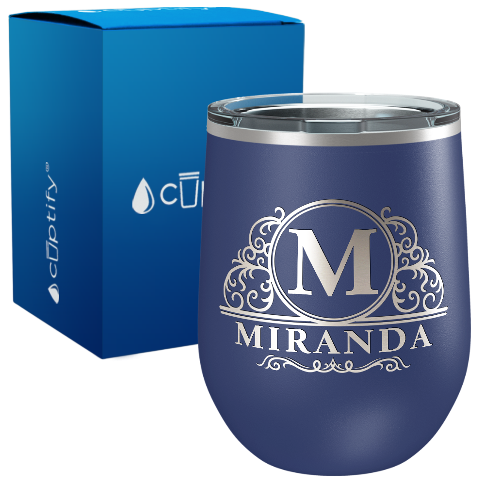 Personalized Elaborate Circle Monogram Engraved on 12oz Wine Tumbler
