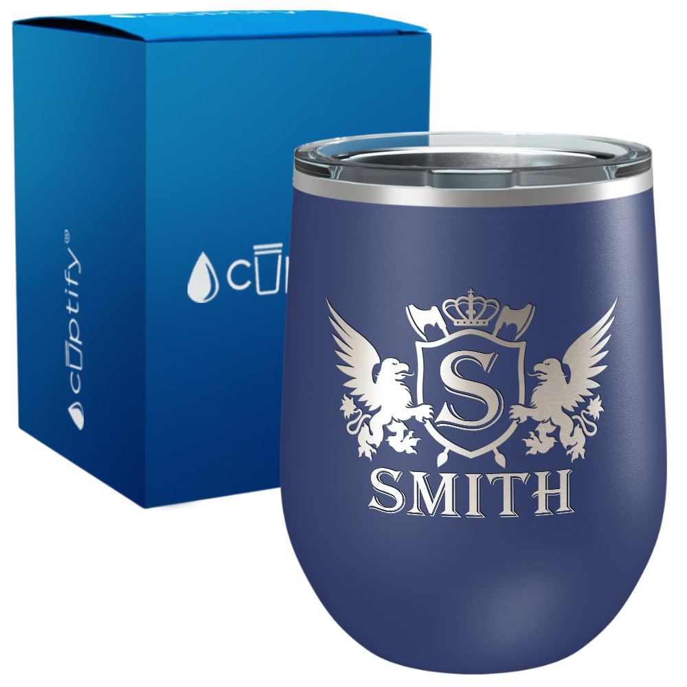 Personalized Monogram Initial Badge Crown Engraved on 12oz Wine Tumbler