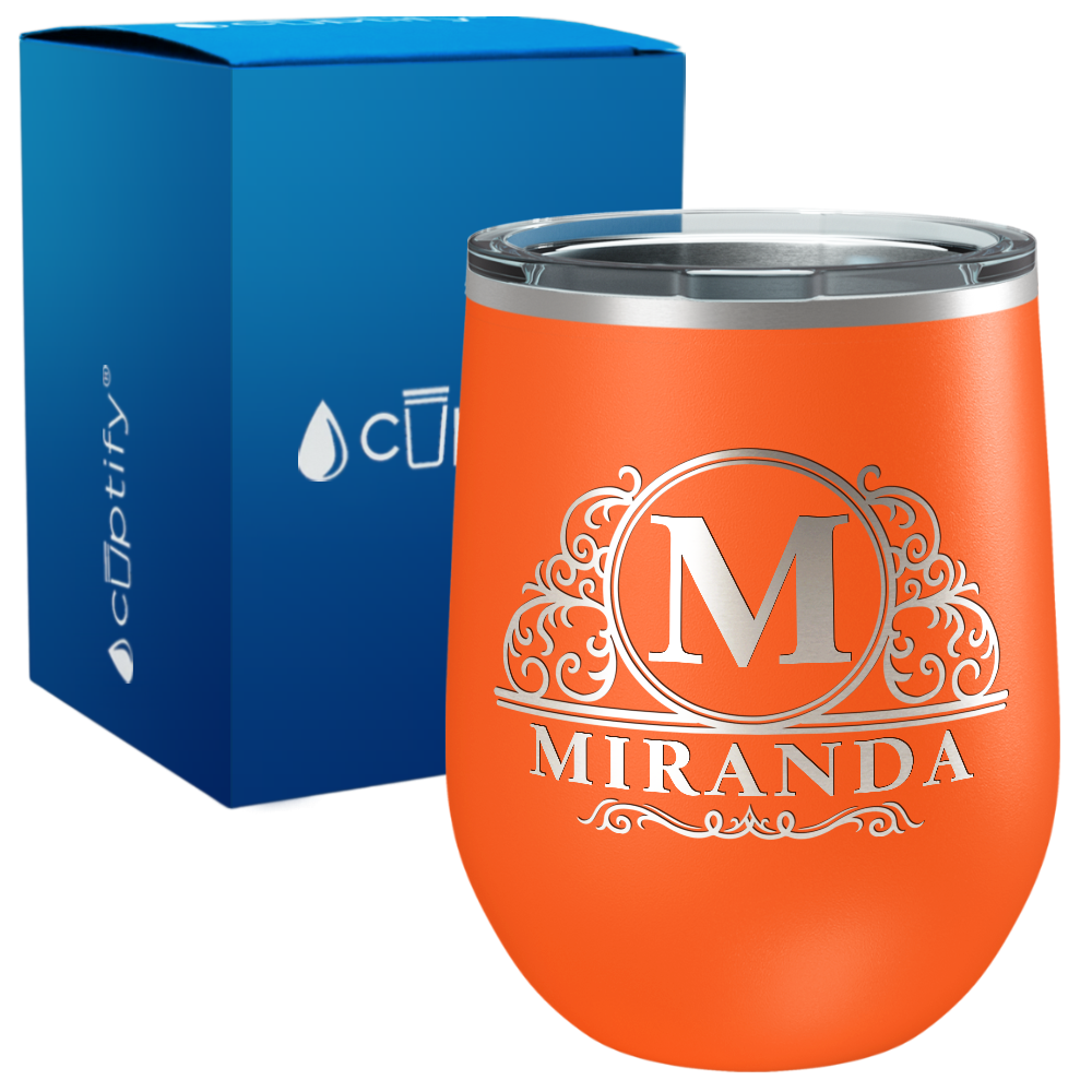 Personalized Elaborate Circle Monogram Engraved on 12oz Wine Tumbler