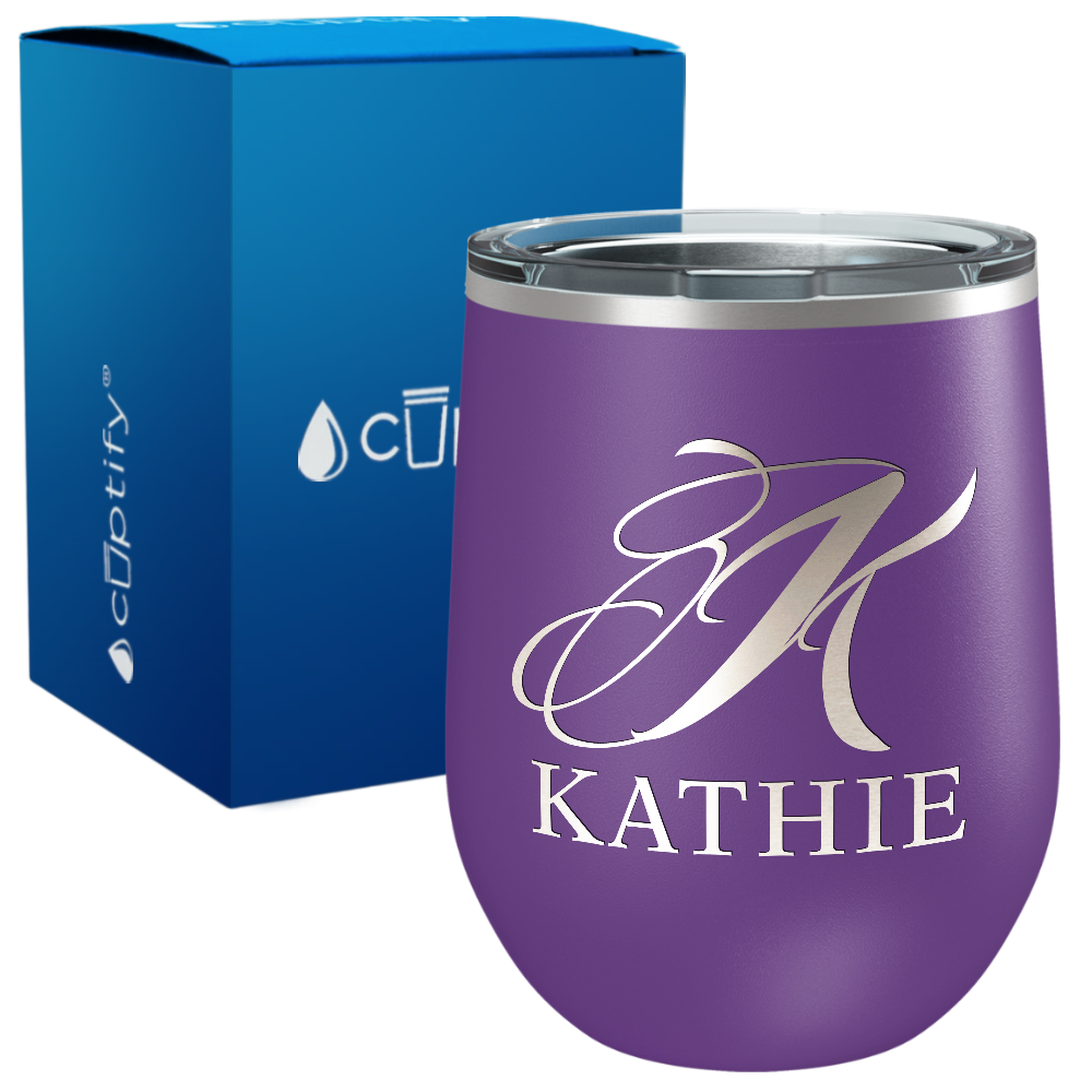Personalized Script Monogram Initial and Name Engraved on 12oz Wine Tumbler