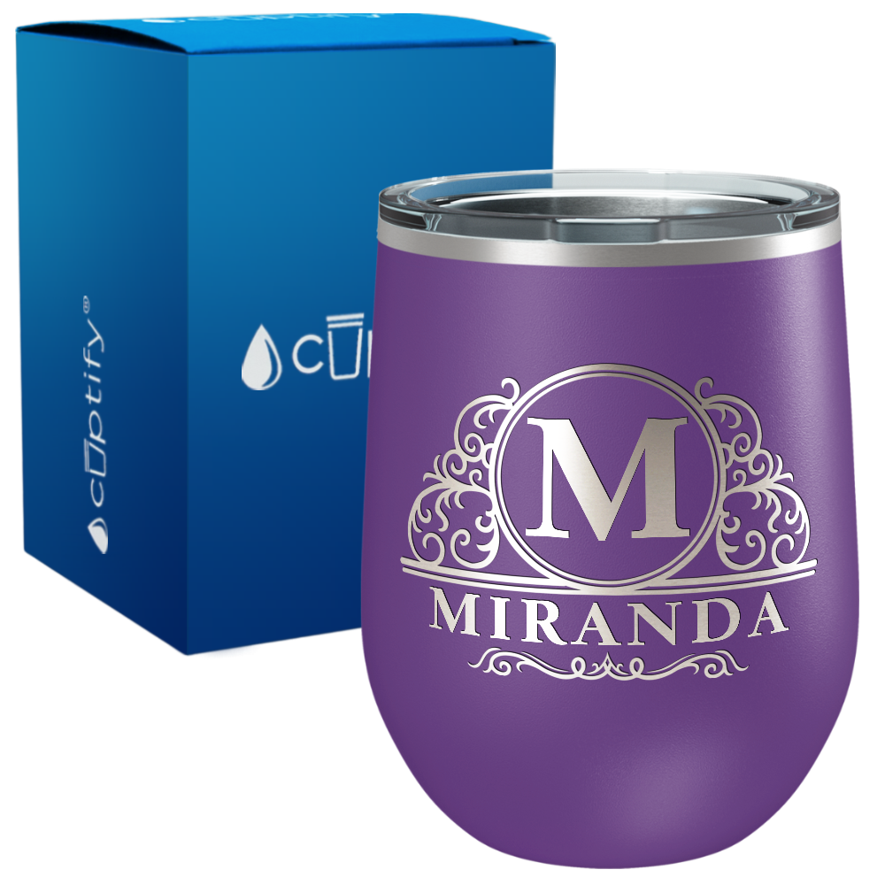 Personalized Elaborate Circle Monogram Engraved on 12oz Wine Tumbler
