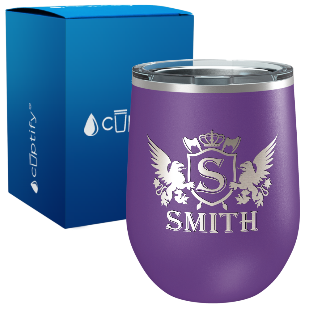 Personalized Monogram Initial Badge Crown Engraved on 12oz Wine Tumbler