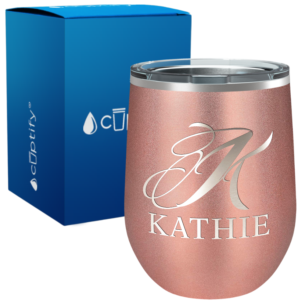 Personalized Script Monogram Initial and Name Engraved on 12oz Wine Tumbler