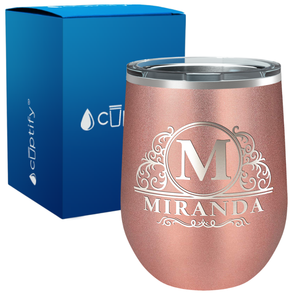 Personalized Elaborate Circle Monogram Engraved on 12oz Wine Tumbler