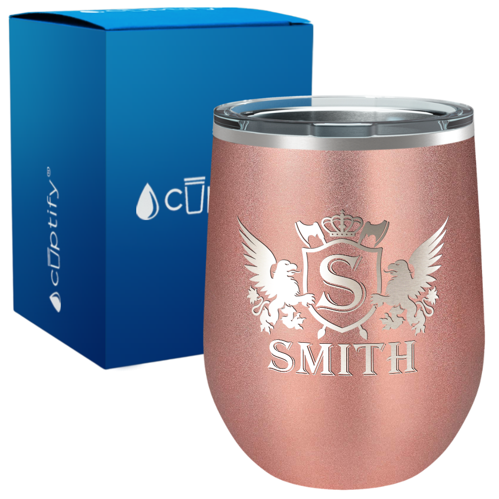 Personalized Monogram Initial Badge Crown Engraved on 12oz Wine Tumbler