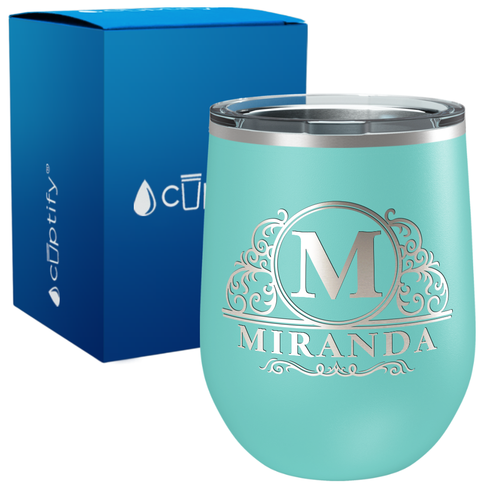 Personalized Elaborate Circle Monogram Engraved on 12oz Wine Tumbler