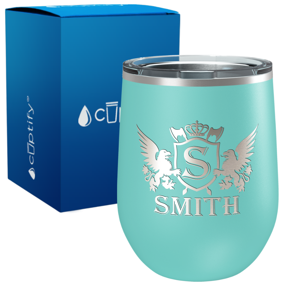 Personalized Monogram Initial Badge Crown Engraved on 12oz Wine Tumbler