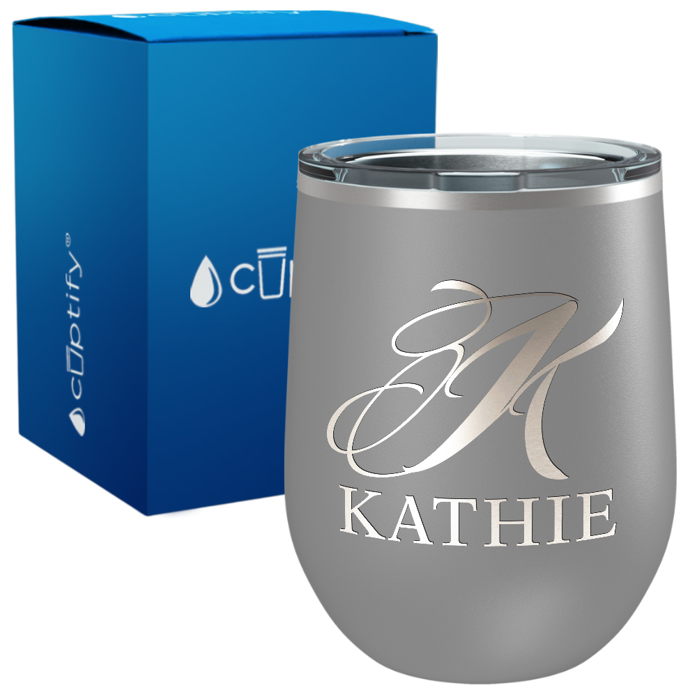 Personalized Script Monogram Initial and Name Engraved on 12oz Wine Tumbler