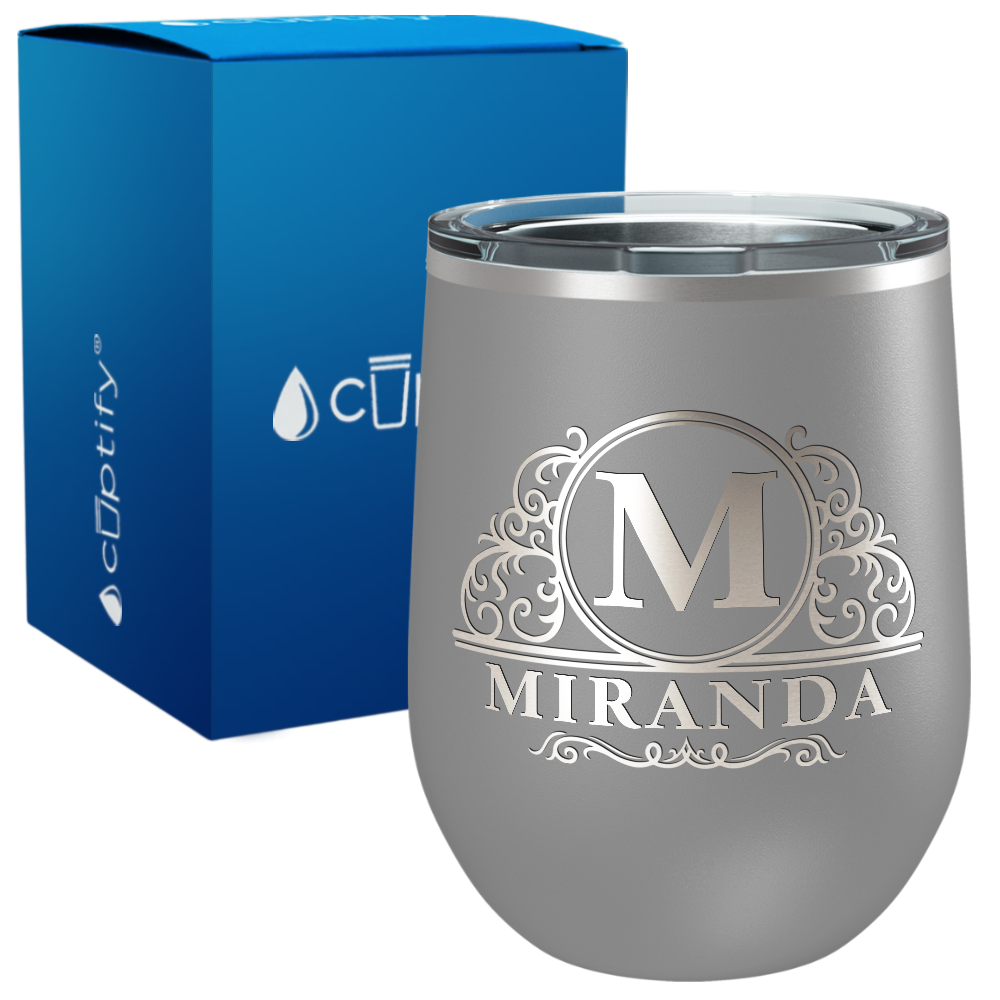 Personalized Elaborate Circle Monogram Engraved on 12oz Wine Tumbler