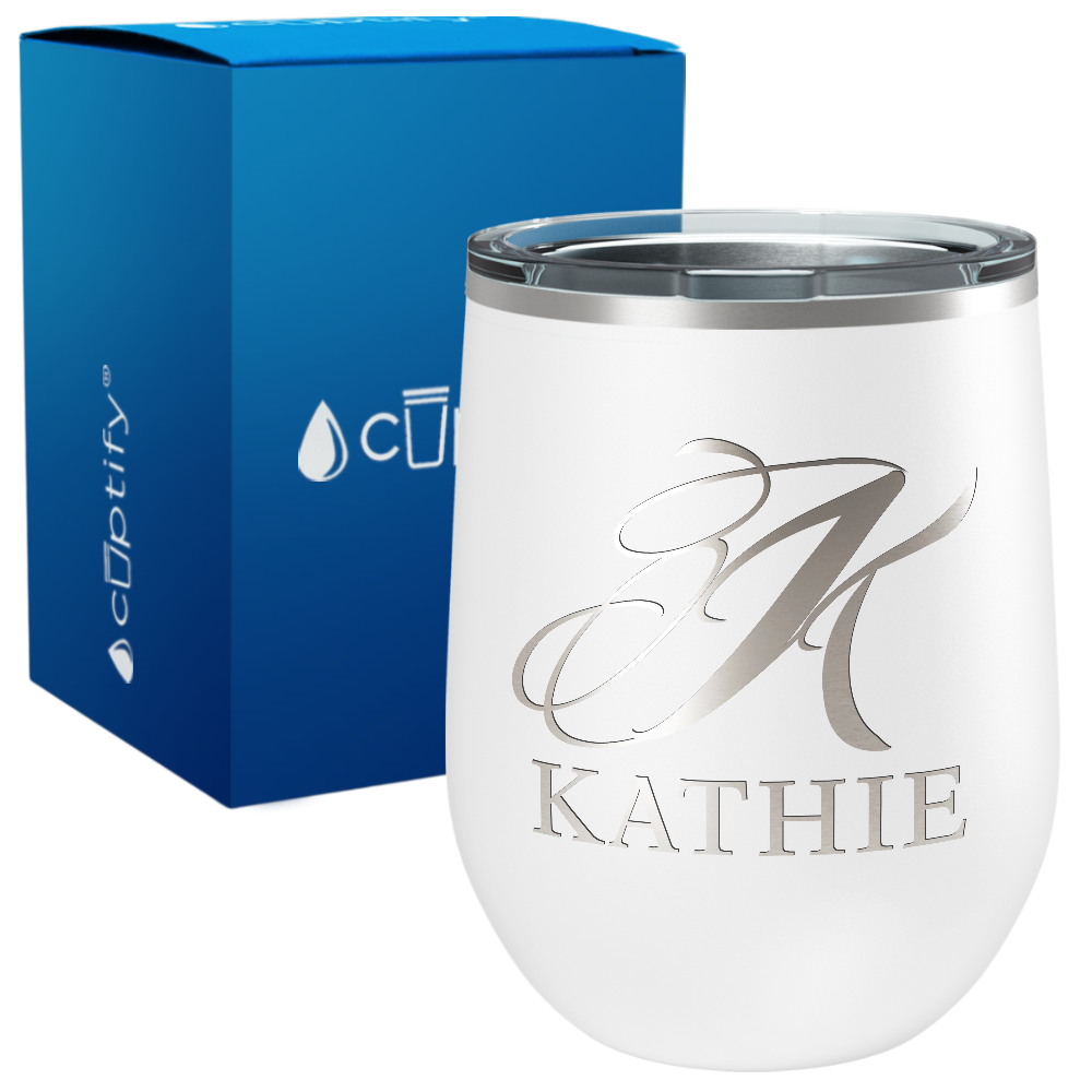 Personalized Script Monogram Initial and Name Engraved on 12oz Wine Tumbler