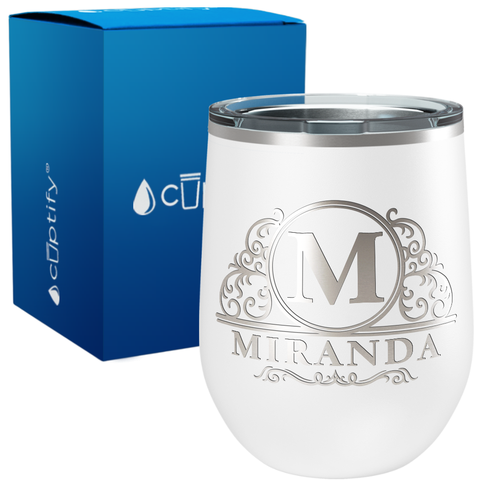 Personalized Elaborate Circle Monogram Engraved on 12oz Wine Tumbler