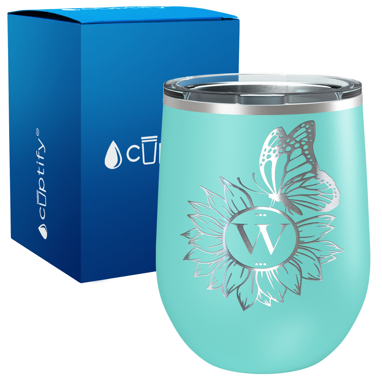 Sunflower with Butterfly Laser Engraved Monogram 12oz Wine Tumbler