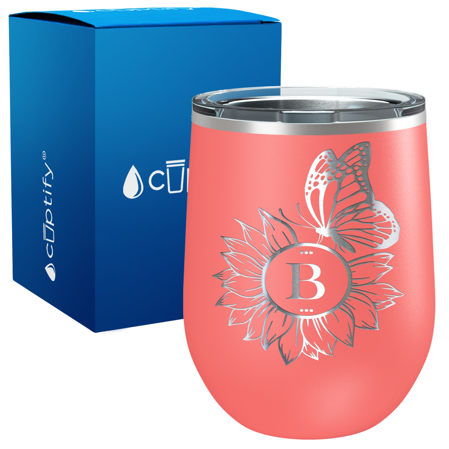 Sunflower Monogram with Butterfly Laser Engraved 12oz Wine Tumbler