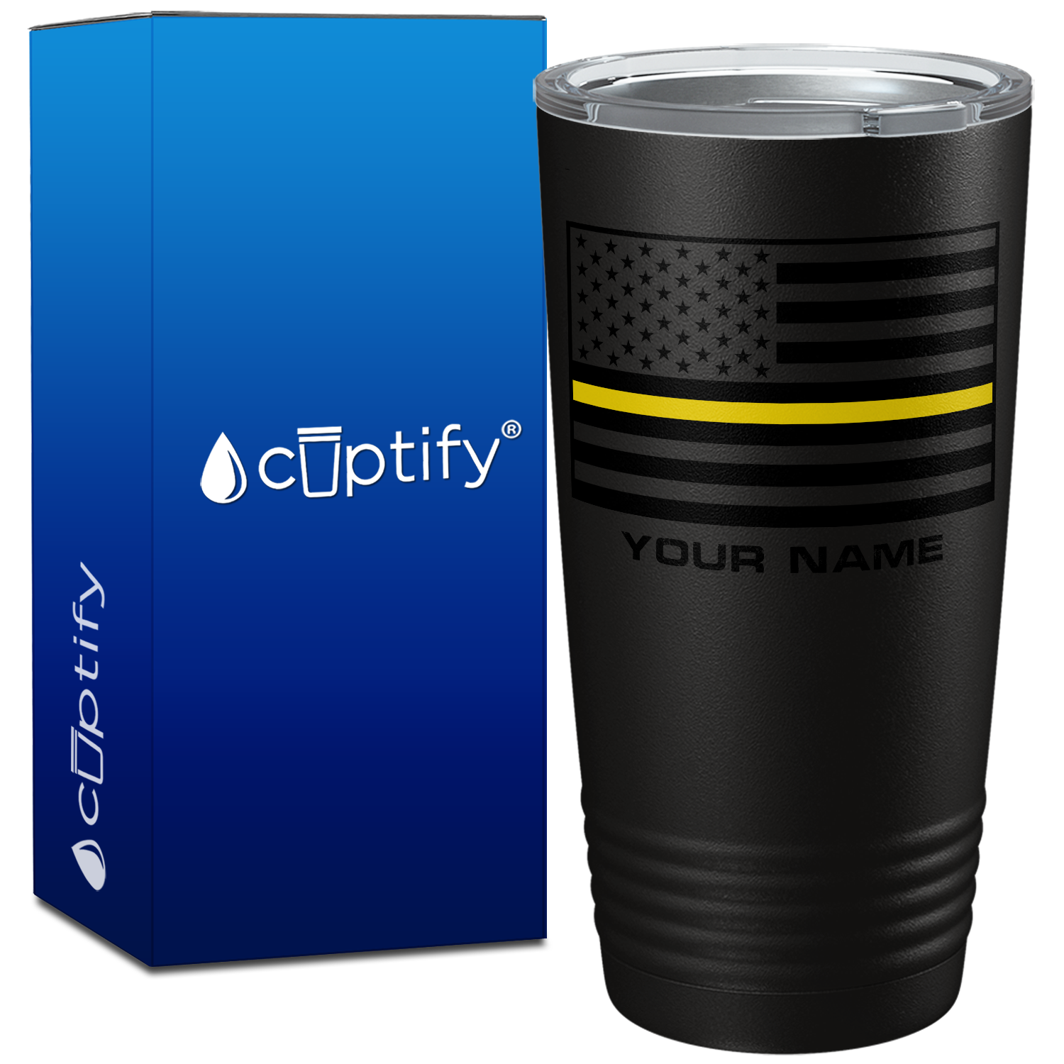 Personalized Dispatcher Thin Gold Line Flag on Black Tumbler