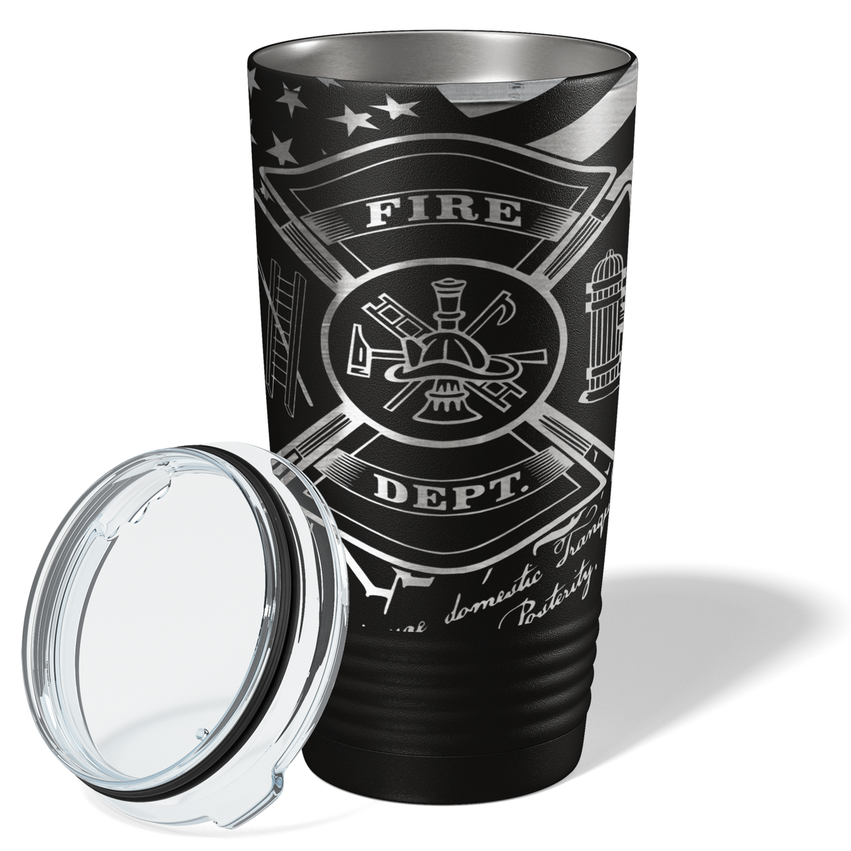 Fire Department Badge on American Flag Engraved Wrap 20oz Black Tumbler