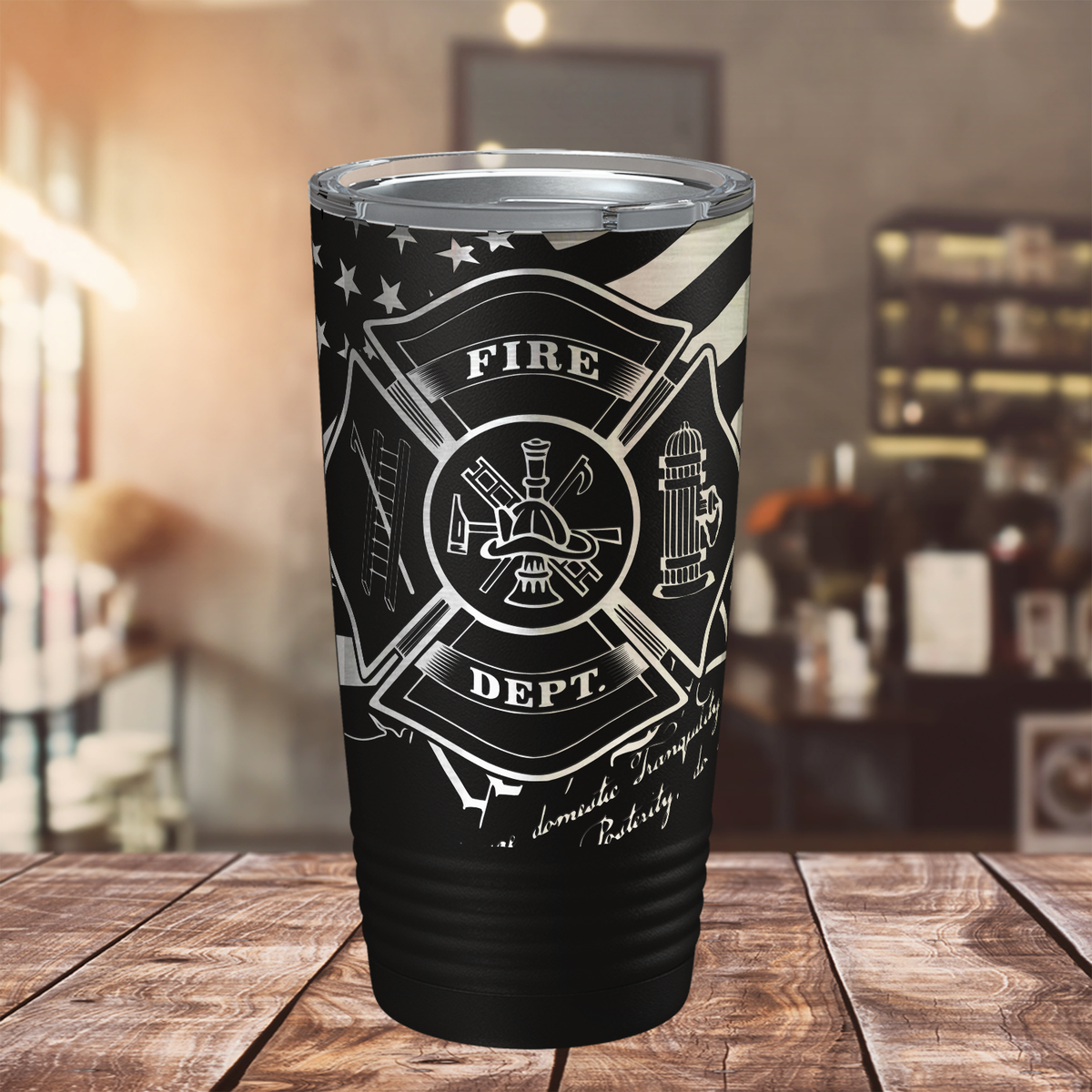 Fire Department Badge on American Flag Engraved Wrap 20oz Black Tumbler