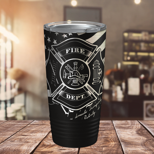 Fire Department Badge on American Flag Engraved Wrap 20oz Black Tumbler