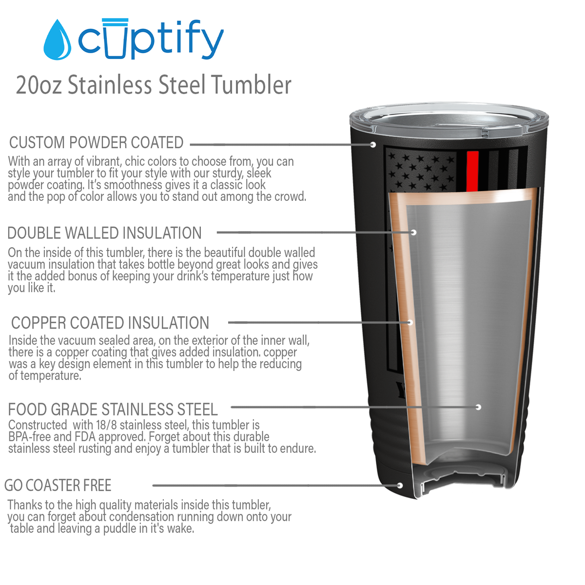 Personalized Thin Red Line Flag 20oz Black Firefighter Tumbler