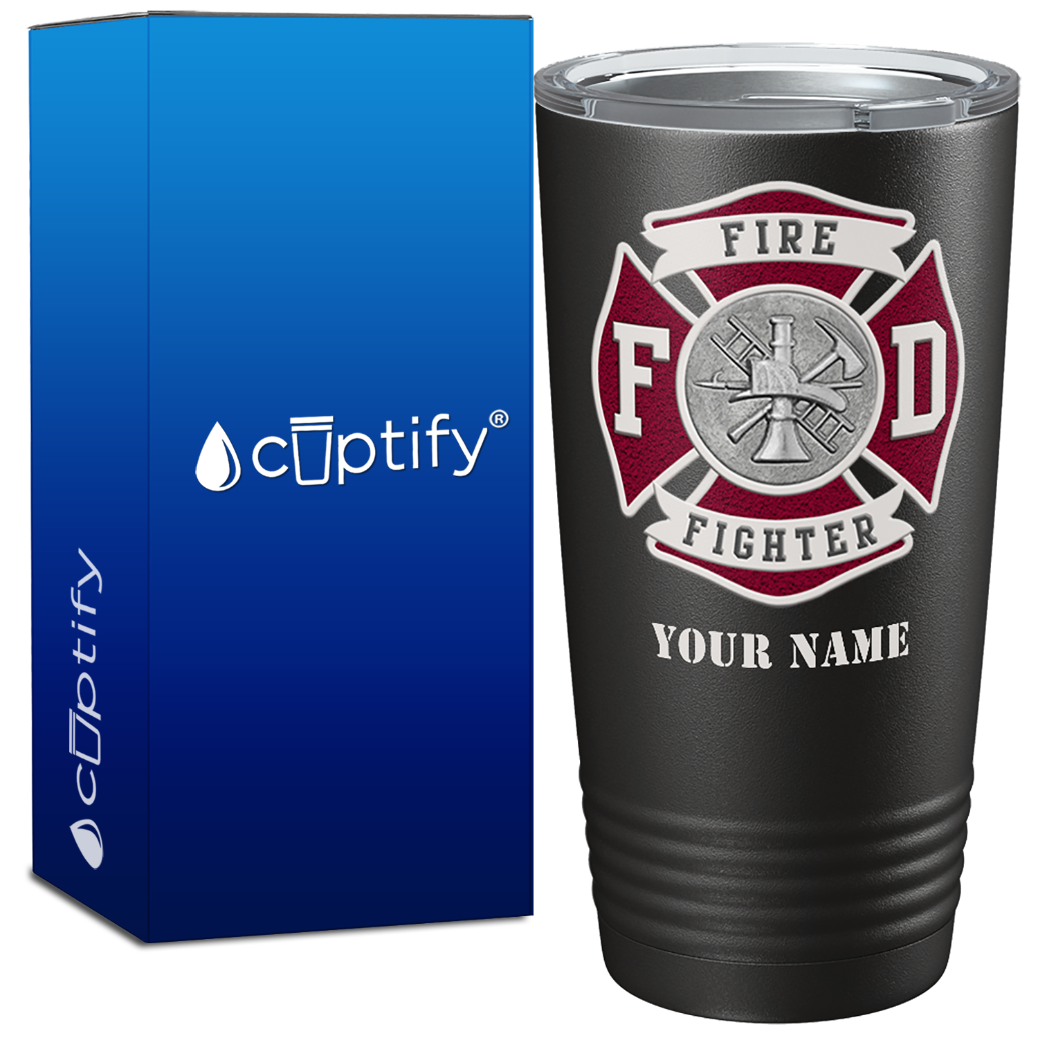 Personalized Red Fire Department Badge on Black Tumbler
