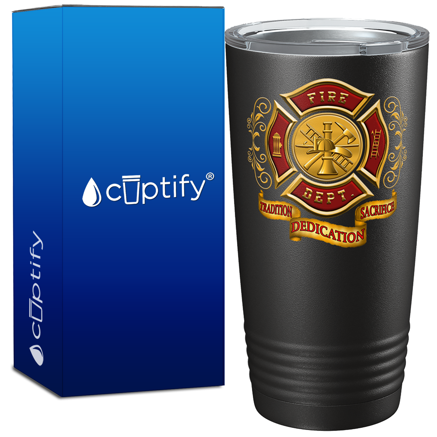 Red Gold Fire Department Badge on Black Tumbler